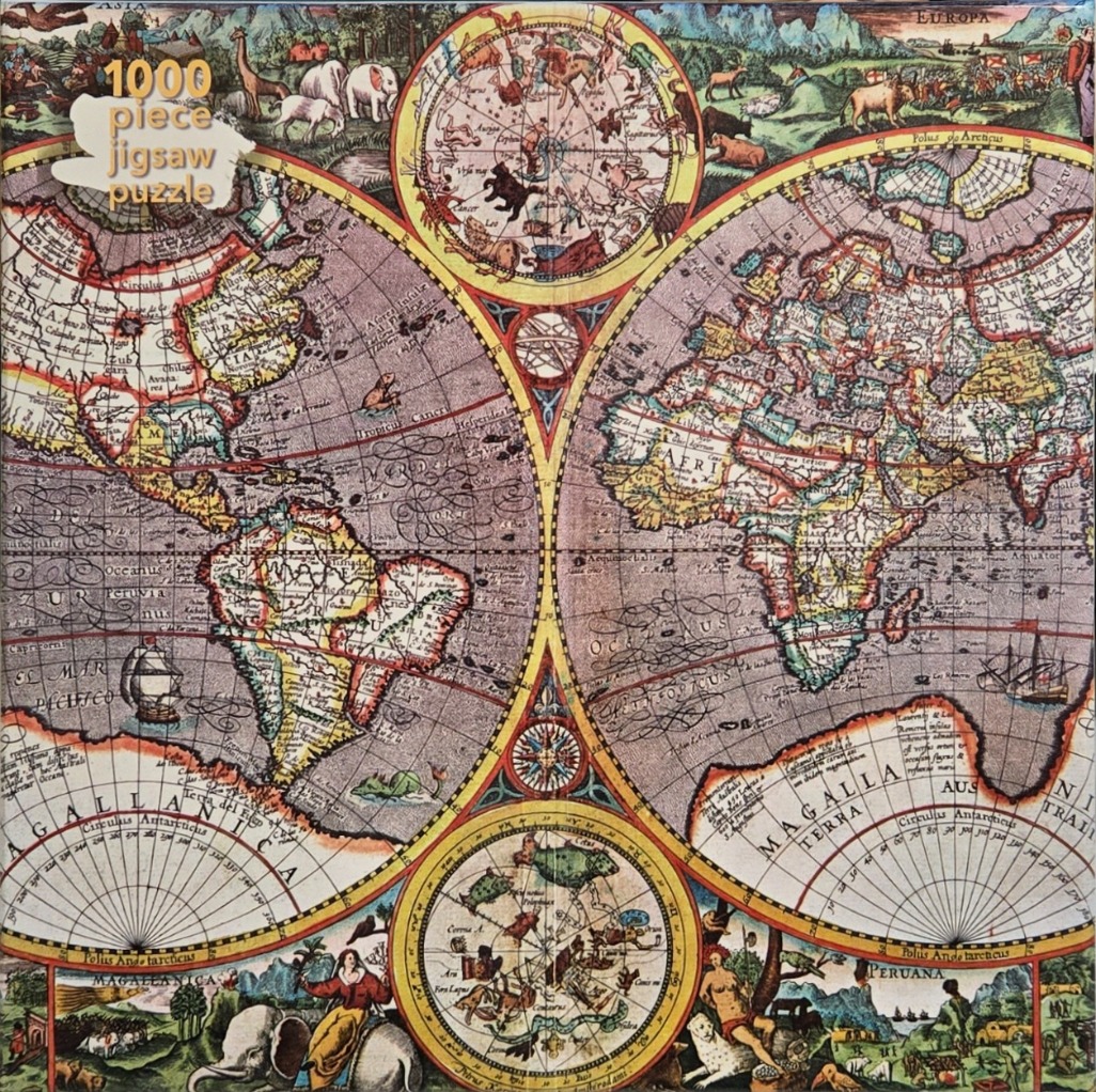 Antique-style double-hemisphere map of the world with celestial illustrations and mythological scenes.