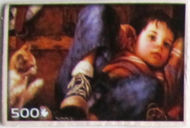 A realistic oil painting of a young child resting their head on their hand while a small kitten looks at them.