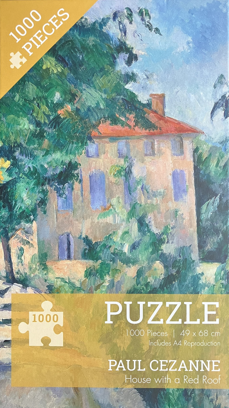 Post-impressionist oil painting by Paul Cézanne depicting a beige house with a red roof partially obscured by lush trees.