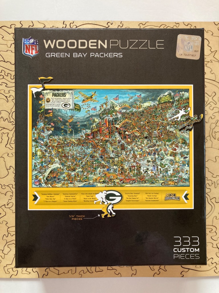 Illustration of a chaotic and crowded Green Bay Packers-themed winter scene.