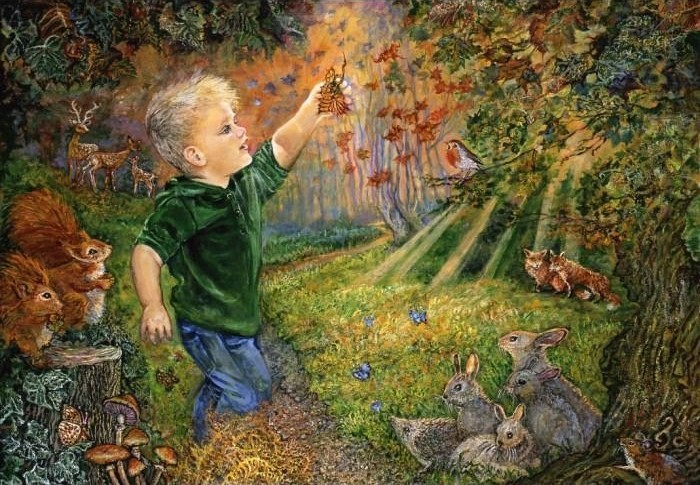 A young boy in a green shirt reaches up to touch a leaf in a lush, magical forest filled with woodland animals.