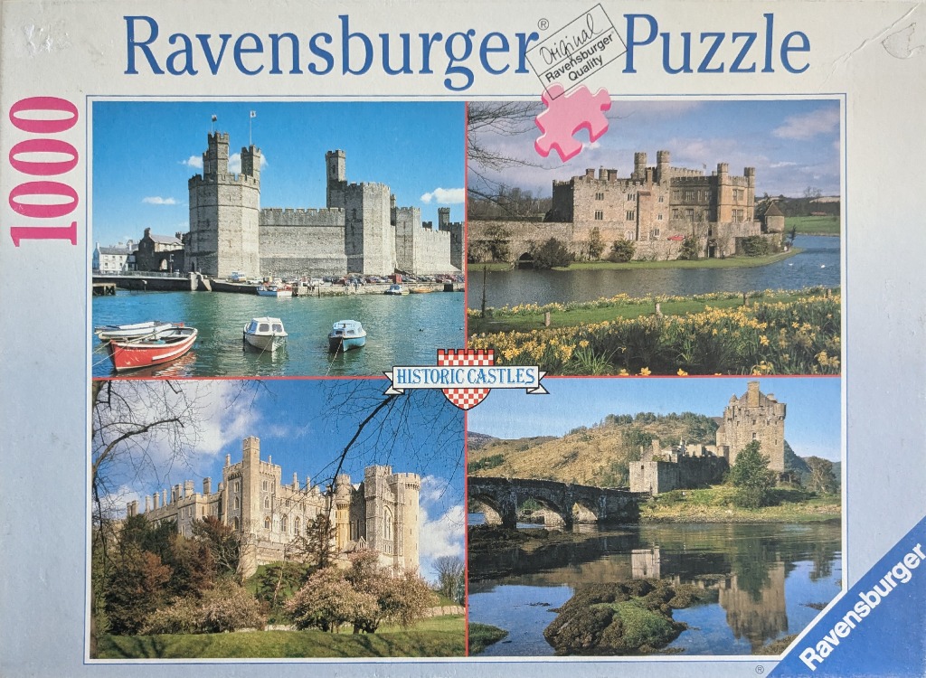 A four-part collage featuring photographs of four different historic castles situated near bodies of water.