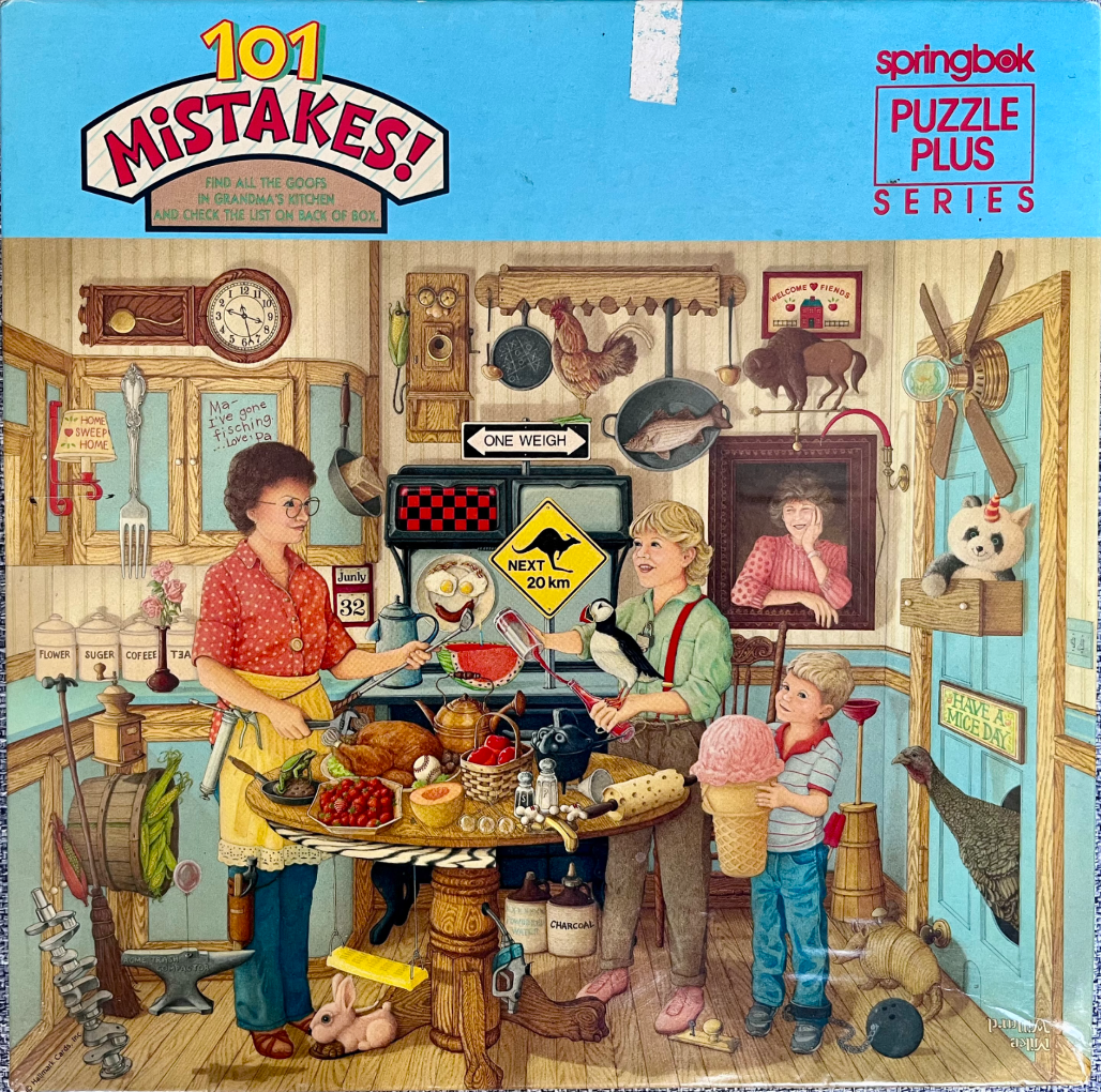 Illustration of a chaotic, surreal kitchen scene filled with absurd objects and humorous mistakes.
