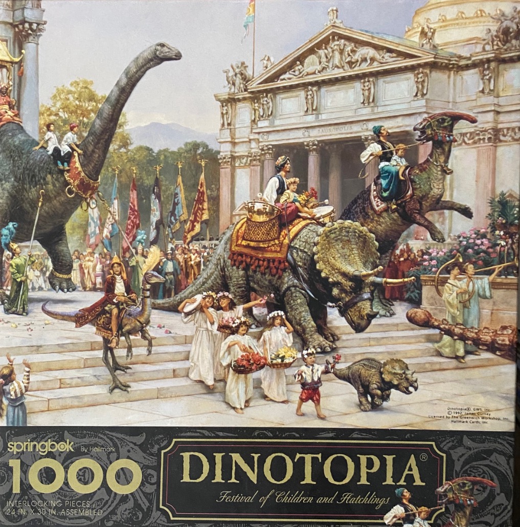 An illustration of a festive parade featuring children and dinosaurs in front of a grand classical building.