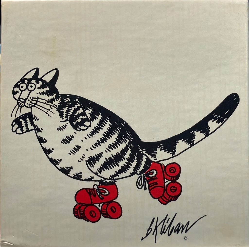 A line drawing of a round, striped cat wearing bright red roller skates against a plain off-white background.
