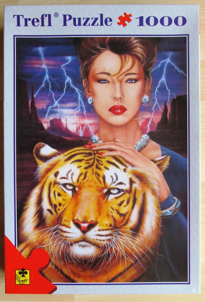 A digital painting of a woman with a tiger against a desert backdrop with lightning.