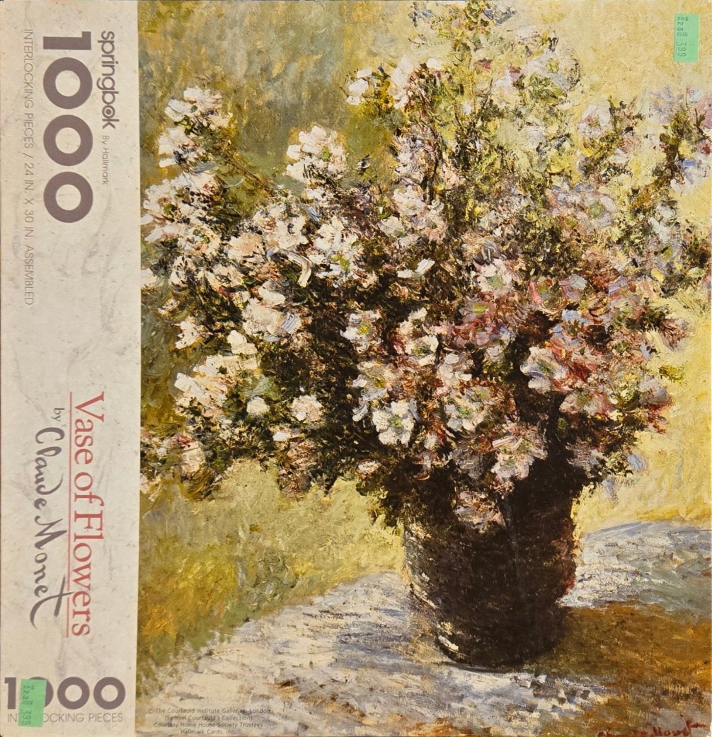 Impressionist oil painting of a lush bouquet of white and light purple flowers in a dark vase by Claude Monet.
