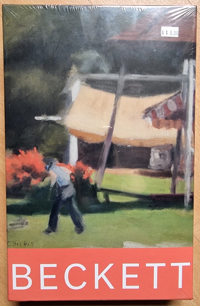 Oil painting of a person gardening near a structure with a tan awning.