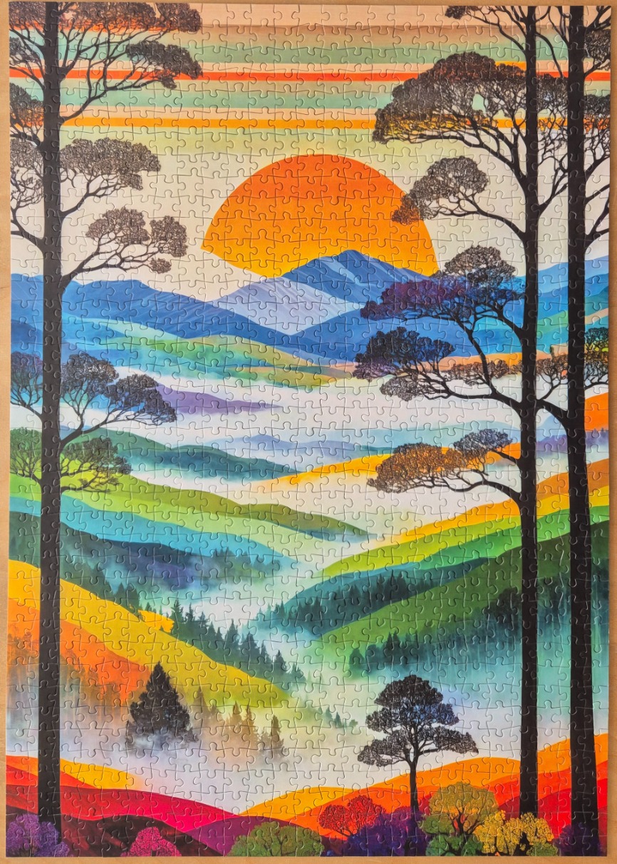 Stylized mountain landscape with a large orange sun framed by two silhouetted pine trees