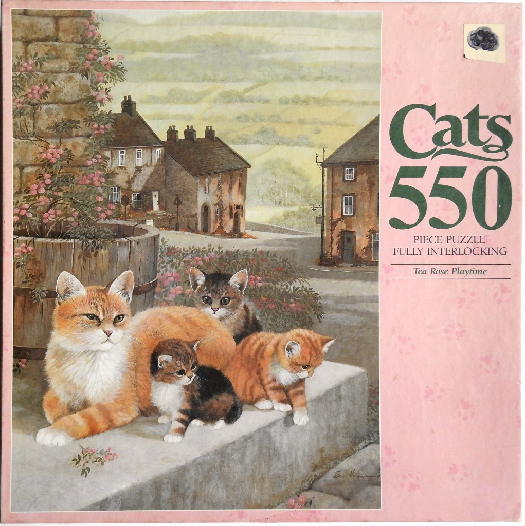 A mother cat and three kittens lounging on a stone wall in an English village setting.