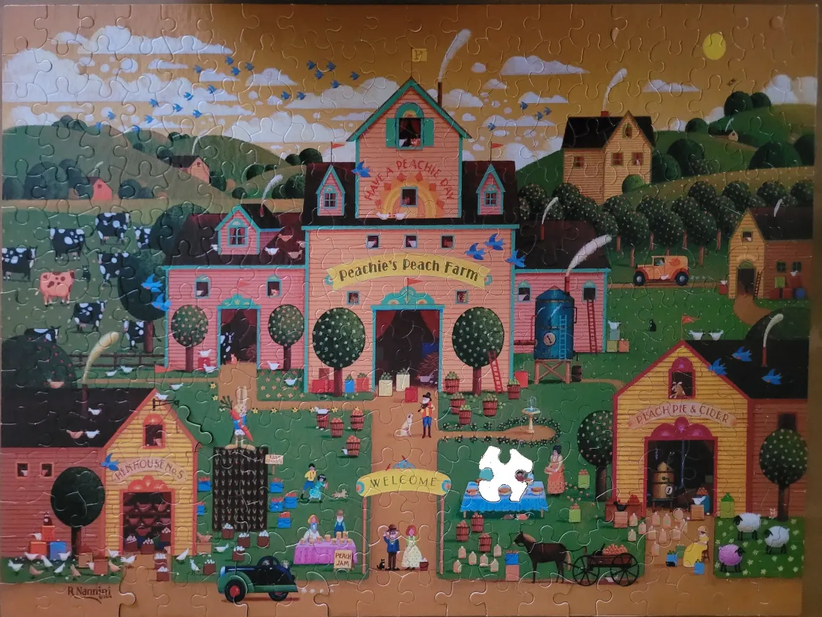 A whimsical folk-art illustration of Peachie's Peach Farm with farmhouses, orchards, animals, and harvest activities.