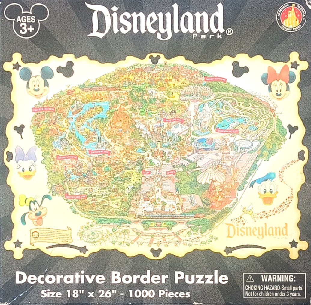 Illustrated birds-eye map of Disneyland Park surrounded by Mickey Mouse and friends character icons.