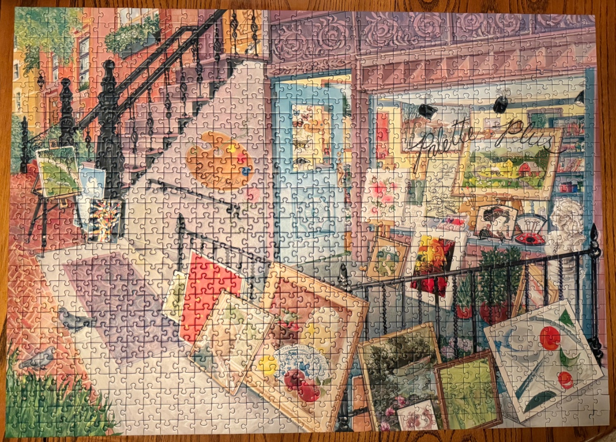 An illustration of an art shop called Palette Plus with paintings displayed on a staircase and storefront.