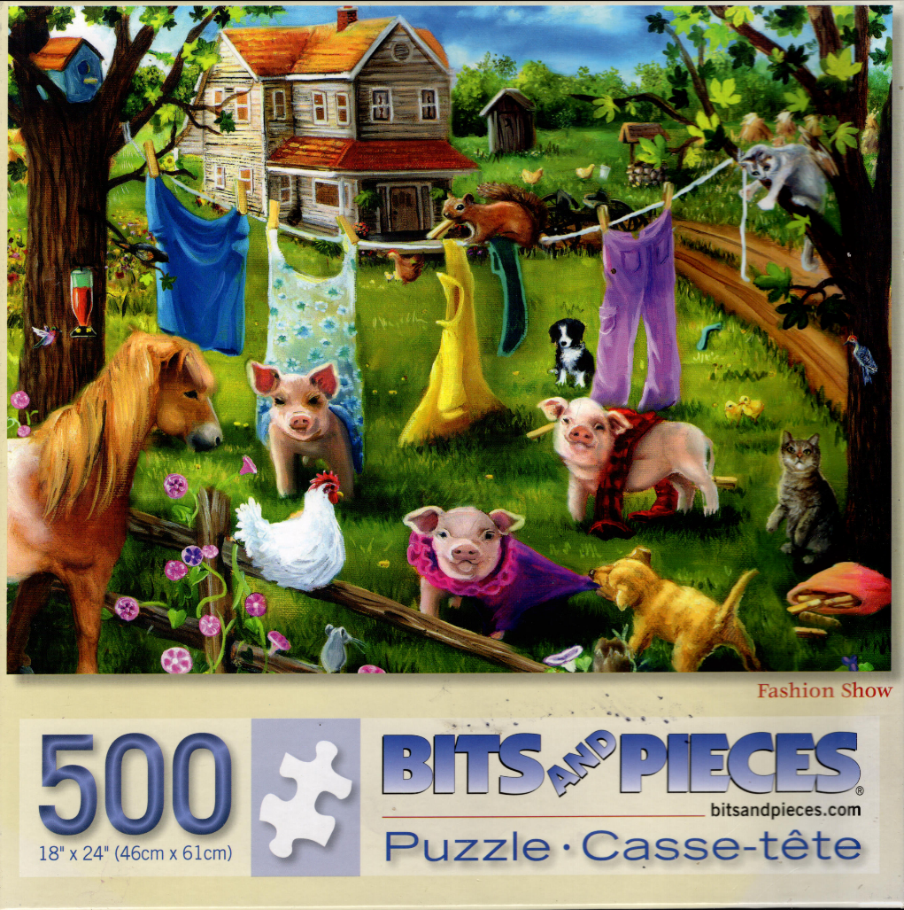 A whimsical countryside scene featuring farm animals wearing clothes on a laundry line.