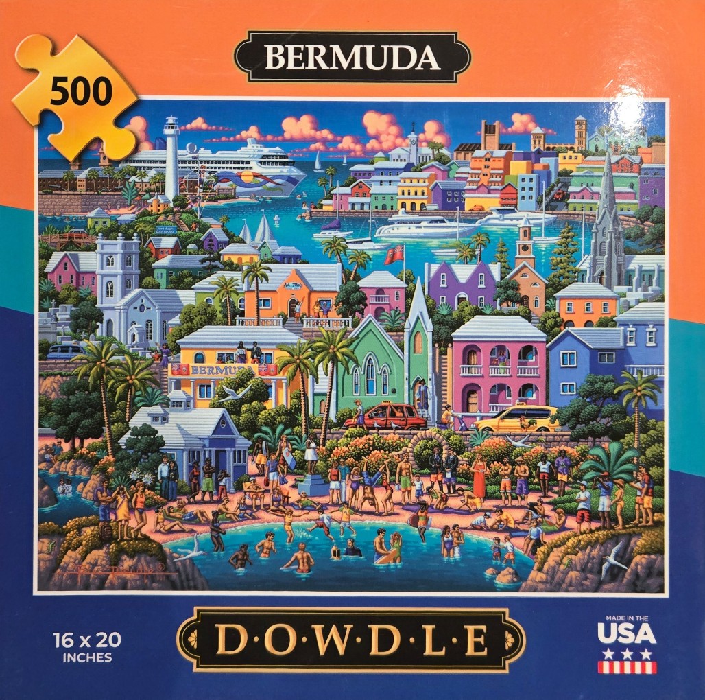 A vibrant, folk-art style illustration of a busy Bermuda harbor and beach scene with colorful colonial buildings.