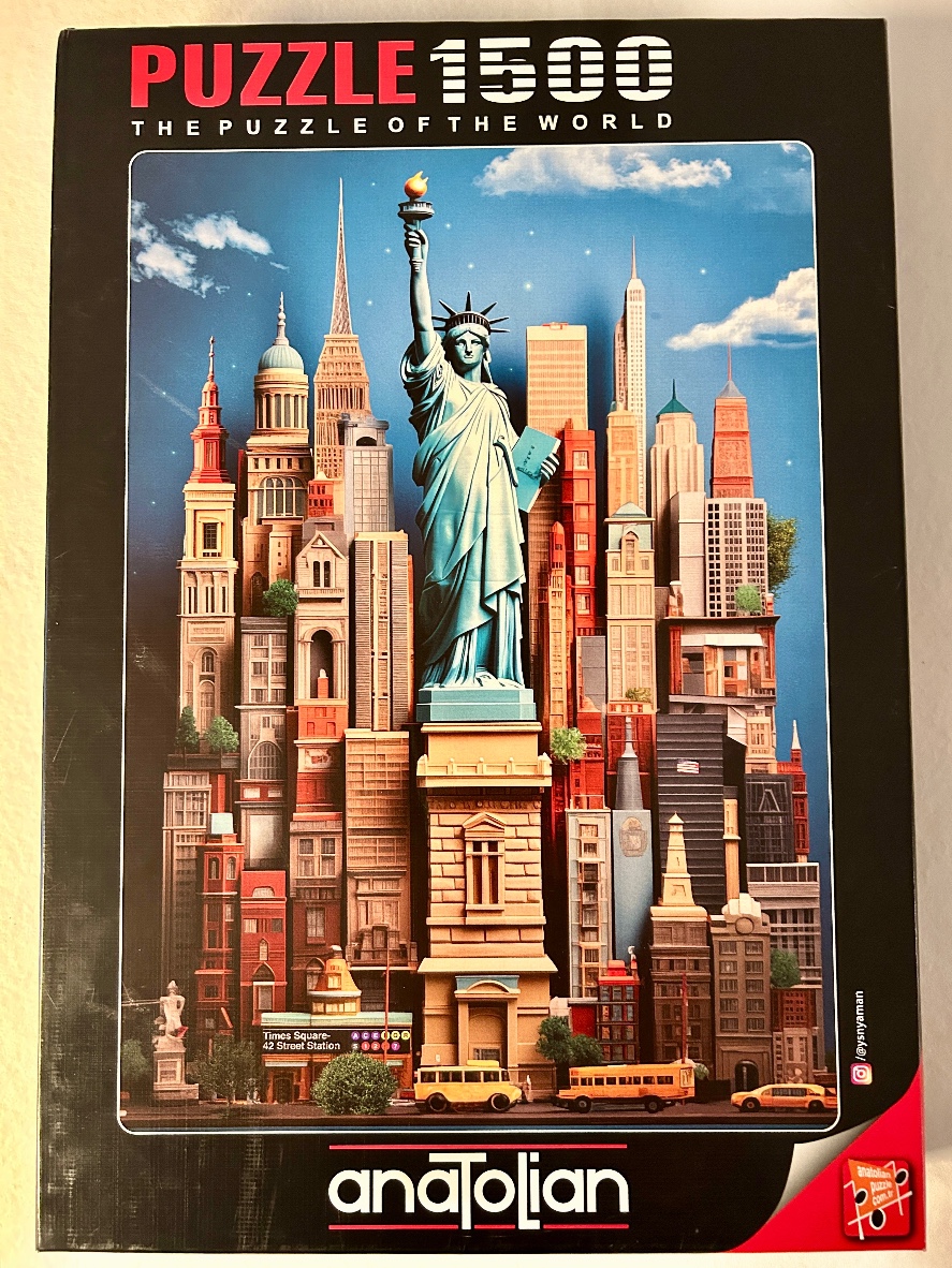 A digital illustration of the Statue of Liberty towering over a dense, stylized cityscape of New York landmarks.