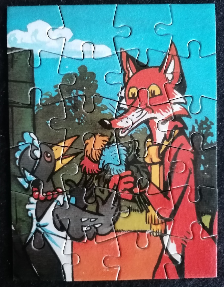 An illustration of an anthropomorphic fox in a red coat and scarf offering a bouquet to a black and white bird.