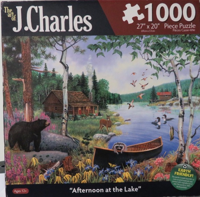 A detailed painting of a lakeside cabin scene featuring a bear, deer, raccoon, and ducks in a forest.