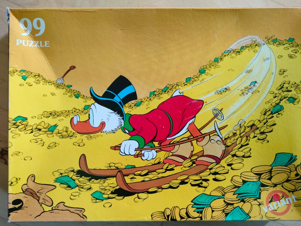 Scrooge McDuck skiing through a giant mountain of gold coins and money bills.