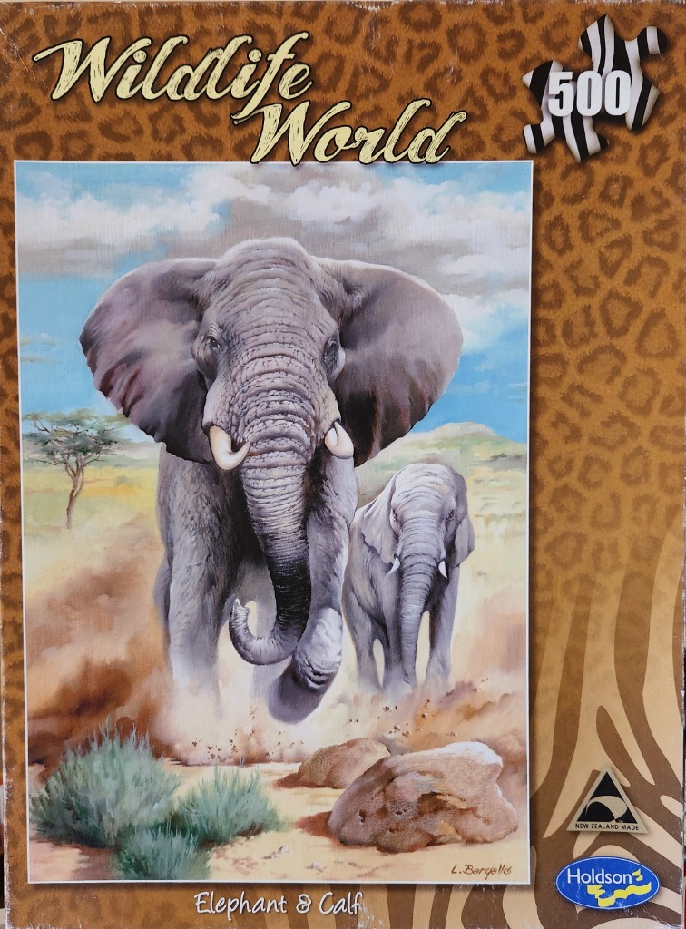 Oil painting of an adult elephant walking alongside its calf in the African savanna.