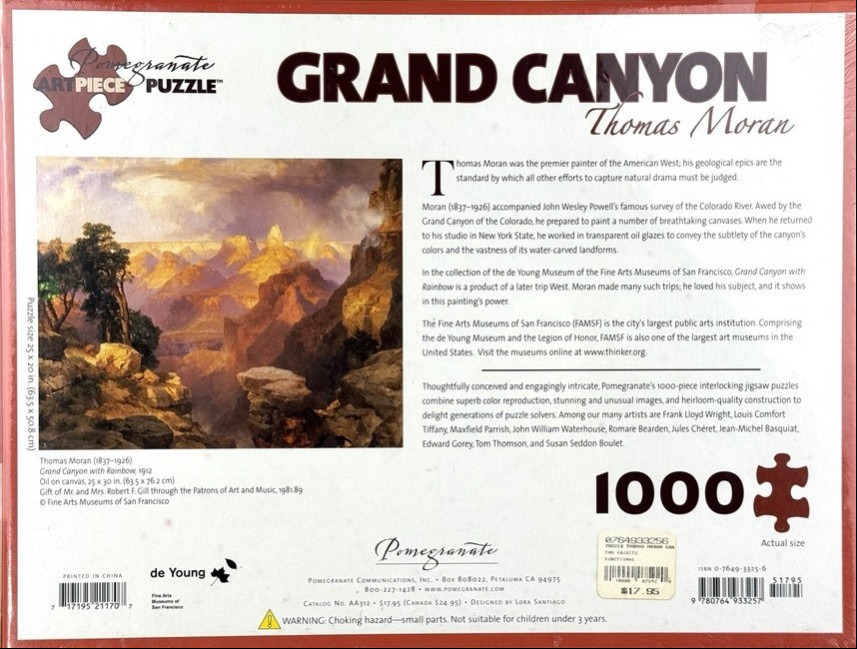 An oil painting of the Grand Canyon featuring dramatic lighting and a rainbow arching across the gorge.