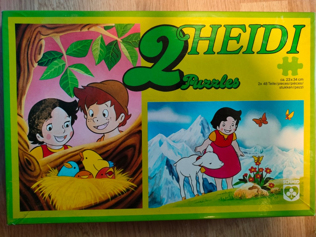 Two illustrations of Heidi and friends in a classic cartoon art style
