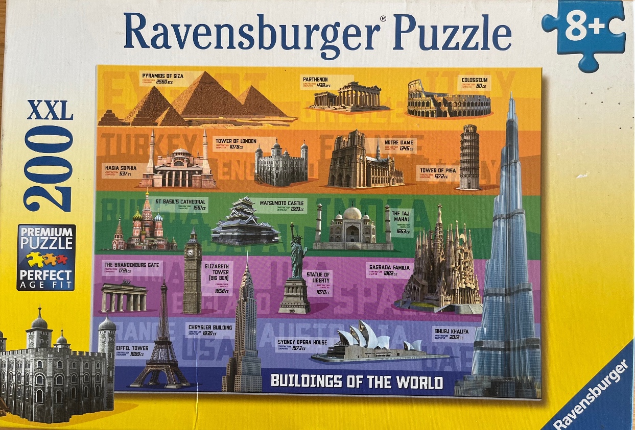 A colorful infographic-style illustration featuring various world-famous architectural landmarks.