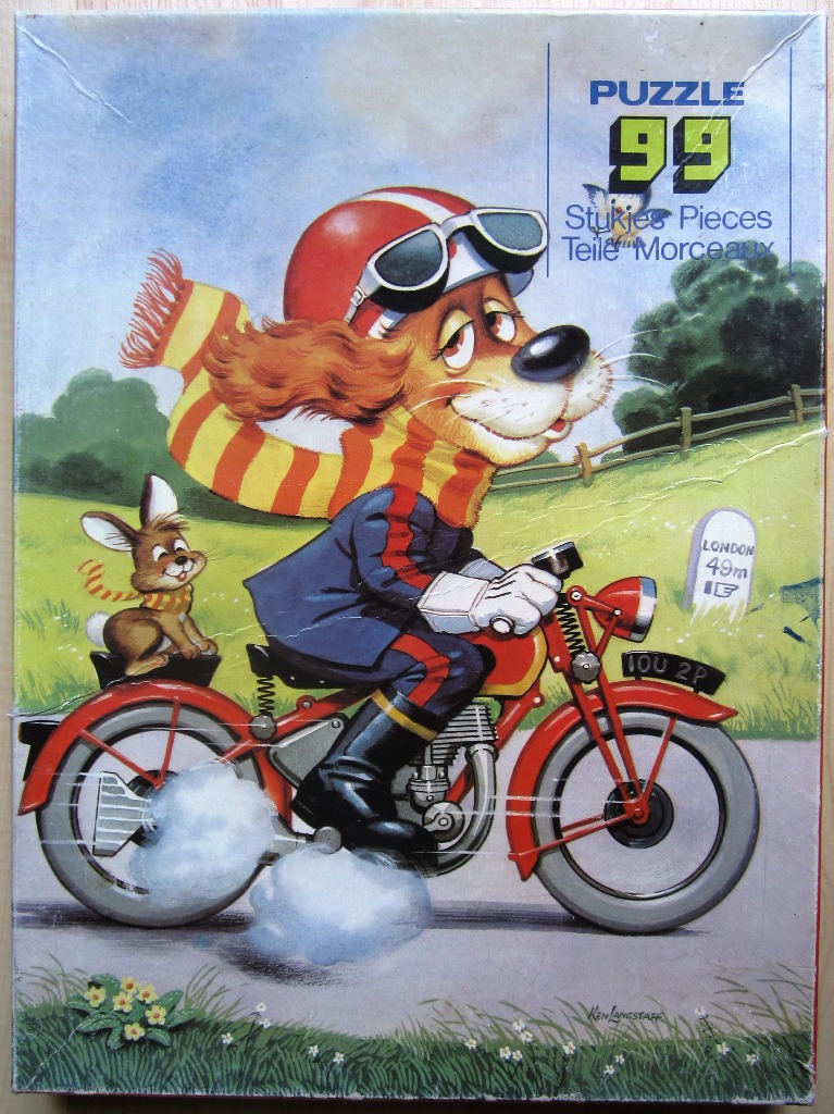 Cartoon dog wearing a helmet and scarf riding a red motorcycle with a rabbit passenger.