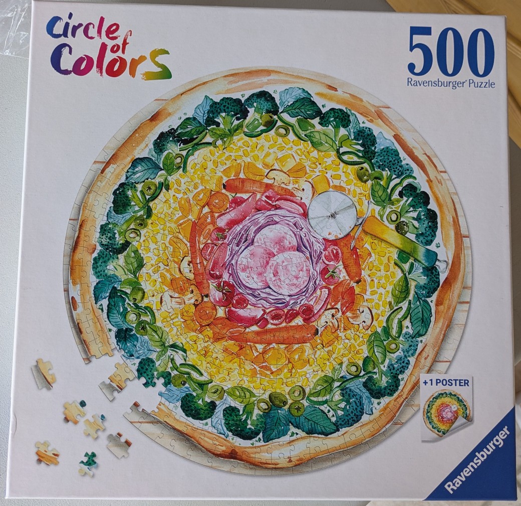 A top-down circular illustration of a vibrant pizza with toppings arranged by color in rings.