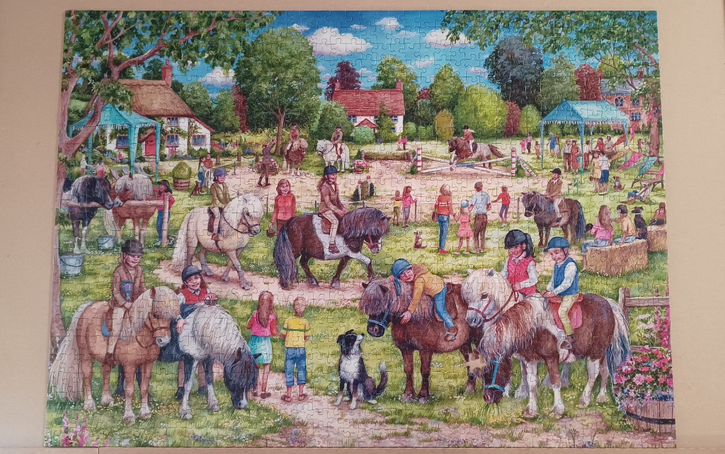 An illustration of a lively equestrian scene with children riding ponies at a countryside riding school.