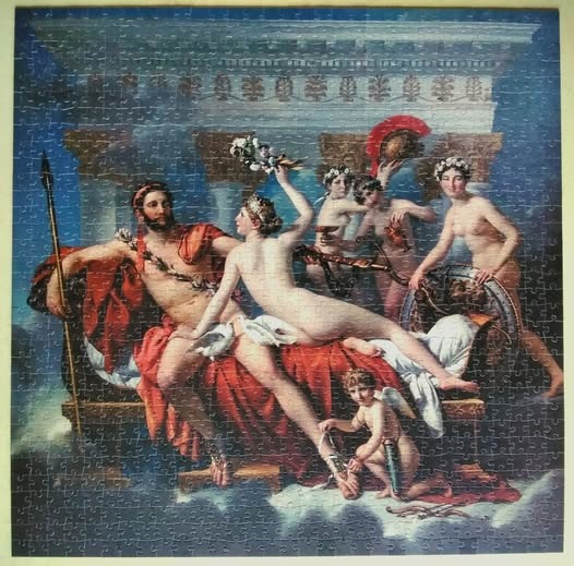 Classical oil painting of Mars and Venus on a couch with attendants and a winged cherub.