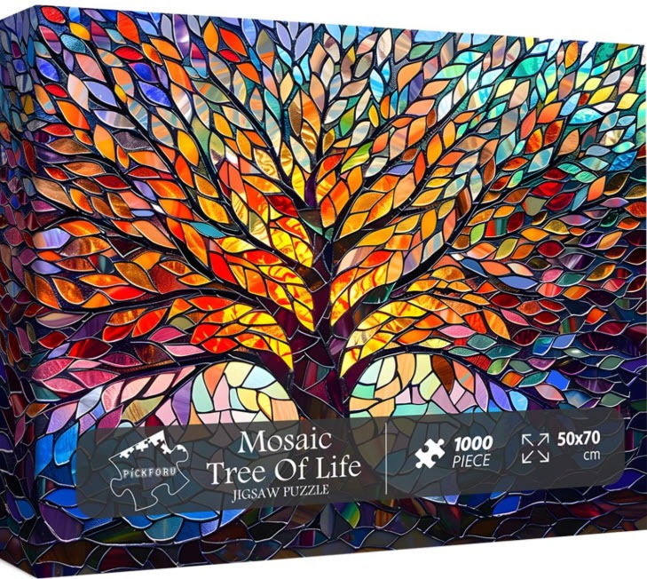 A vibrant mosaic-style artwork of a Tree of Life with colorful stained-glass style leaves.