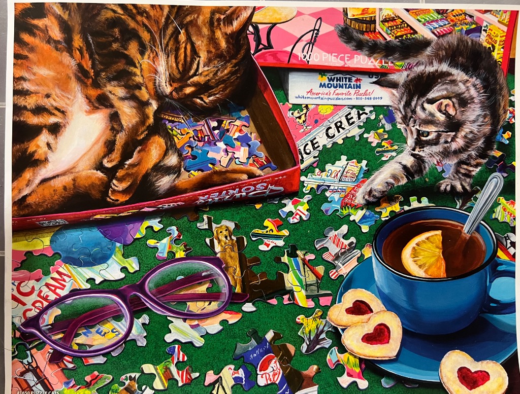 A sleeping tabby cat in a puzzle box and a curious kitten playing with puzzle pieces on a green table.
