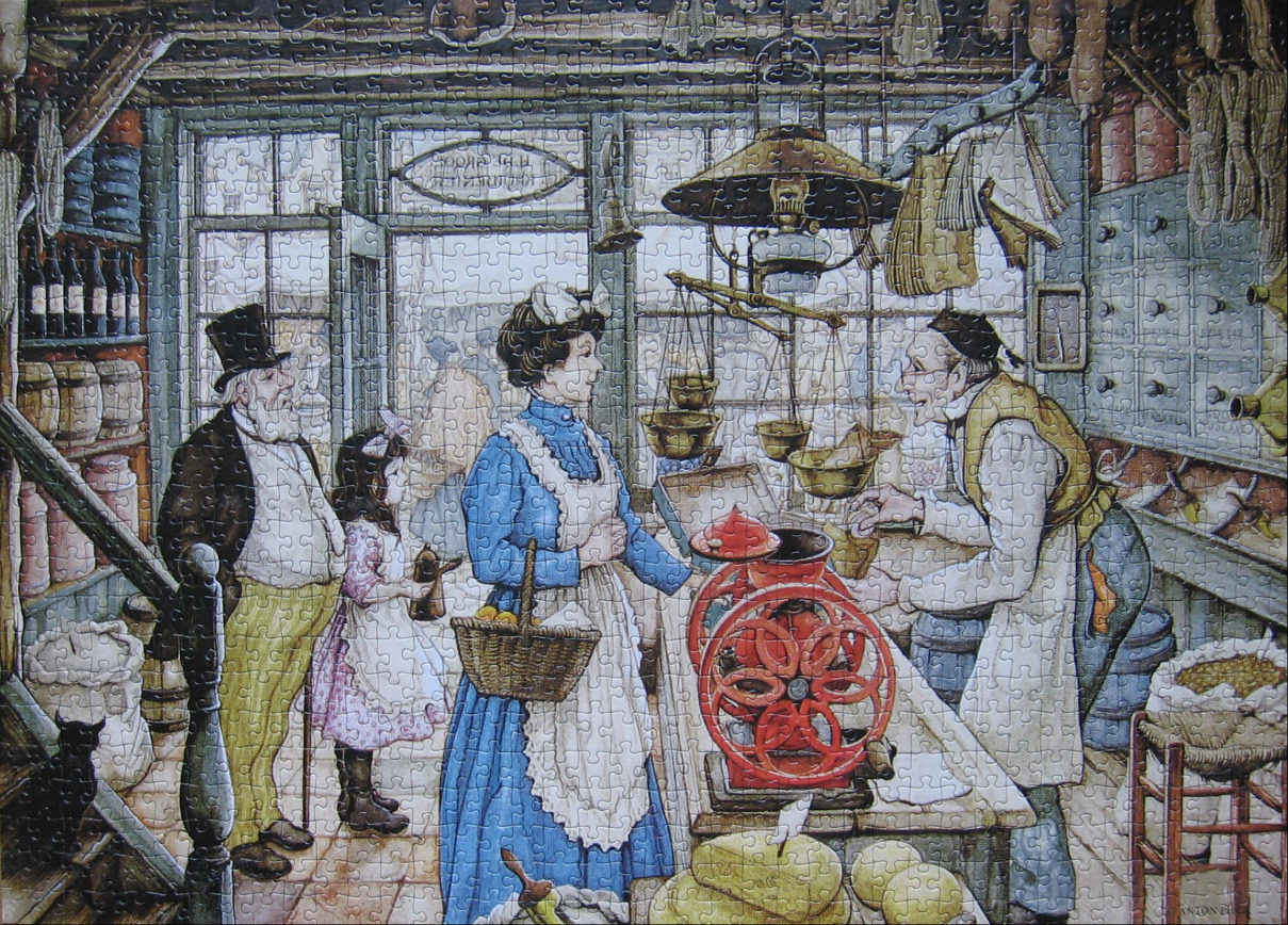 Illustration of a busy Victorian-era grocery shop with customers and a shopkeeper.
