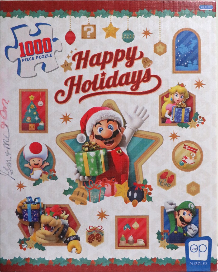 Super Mario characters in a festive holiday-themed collage