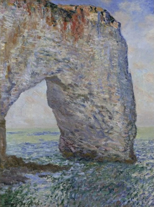 An impressionist painting of a massive stone arch formation rising out of the sea under a light blue sky.