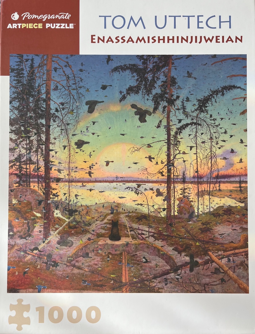 Painting of a black bear sitting in a wilderness landscape at sunset, surrounded by hundreds of birds in flight.