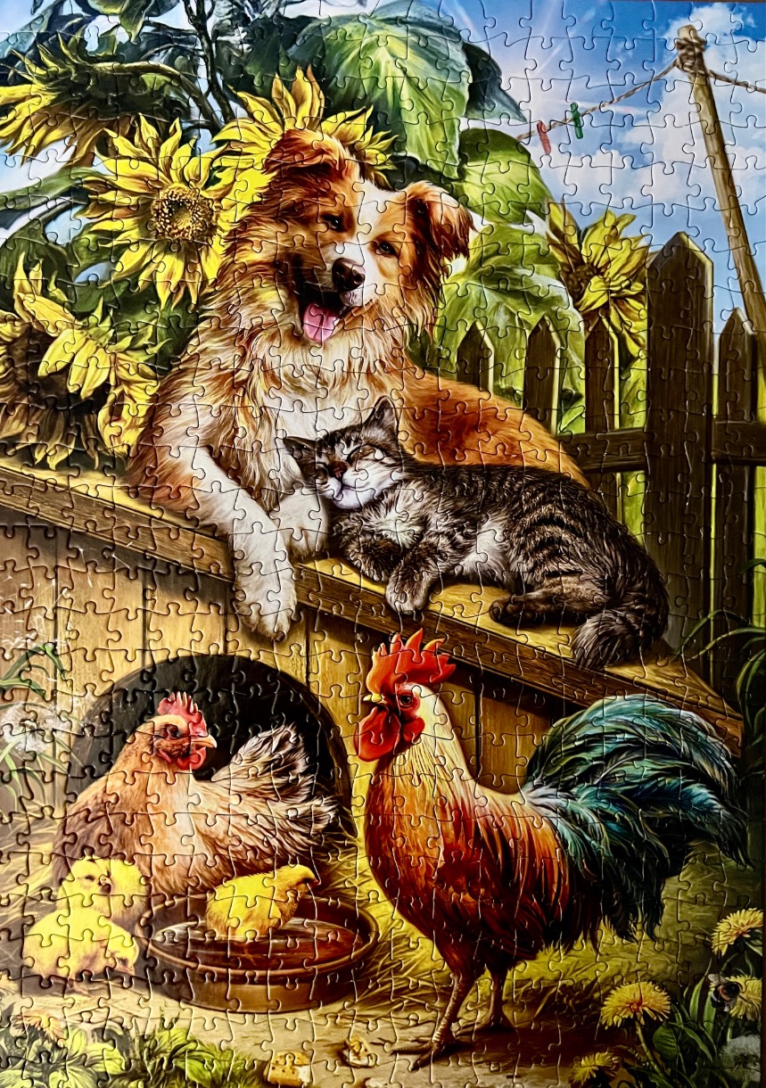A sunny farm scene featuring a smiling dog, a resting cat, a hen with chicks, and a rooster.