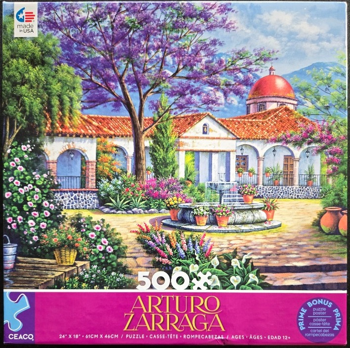 A Mediterranean villa scene with a stone fountain, a blooming jacaranda tree, and vibrant flowers in a courtyard.