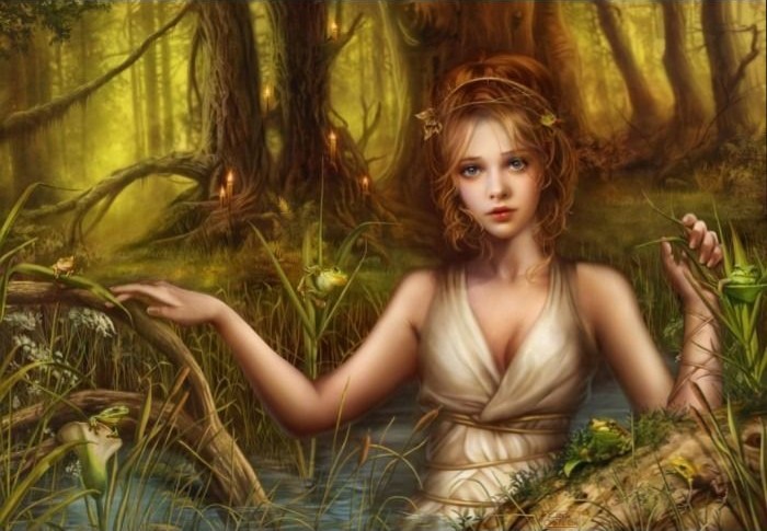 A young woman with auburn hair resting in a swampy forest filled with frogs and ethereal golden light.