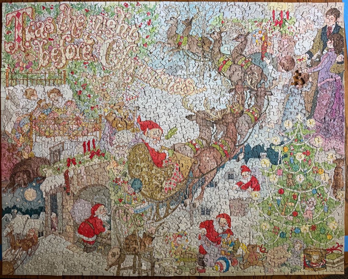 Illustration depicting Santa Claus flying in a sleigh above a home filled with Christmas Eve holiday scenes.