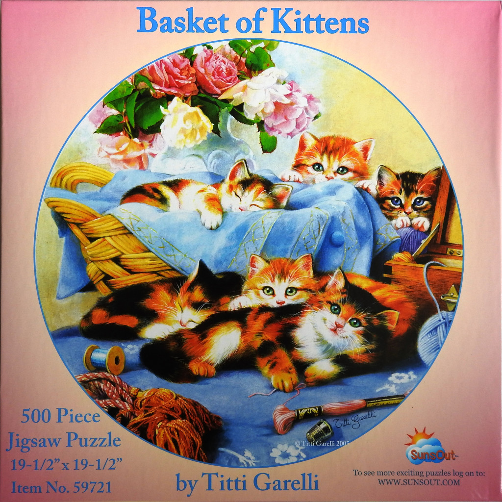 An illustration of five calico and ginger kittens nestled in and around a wicker basket surrounded by flowers.