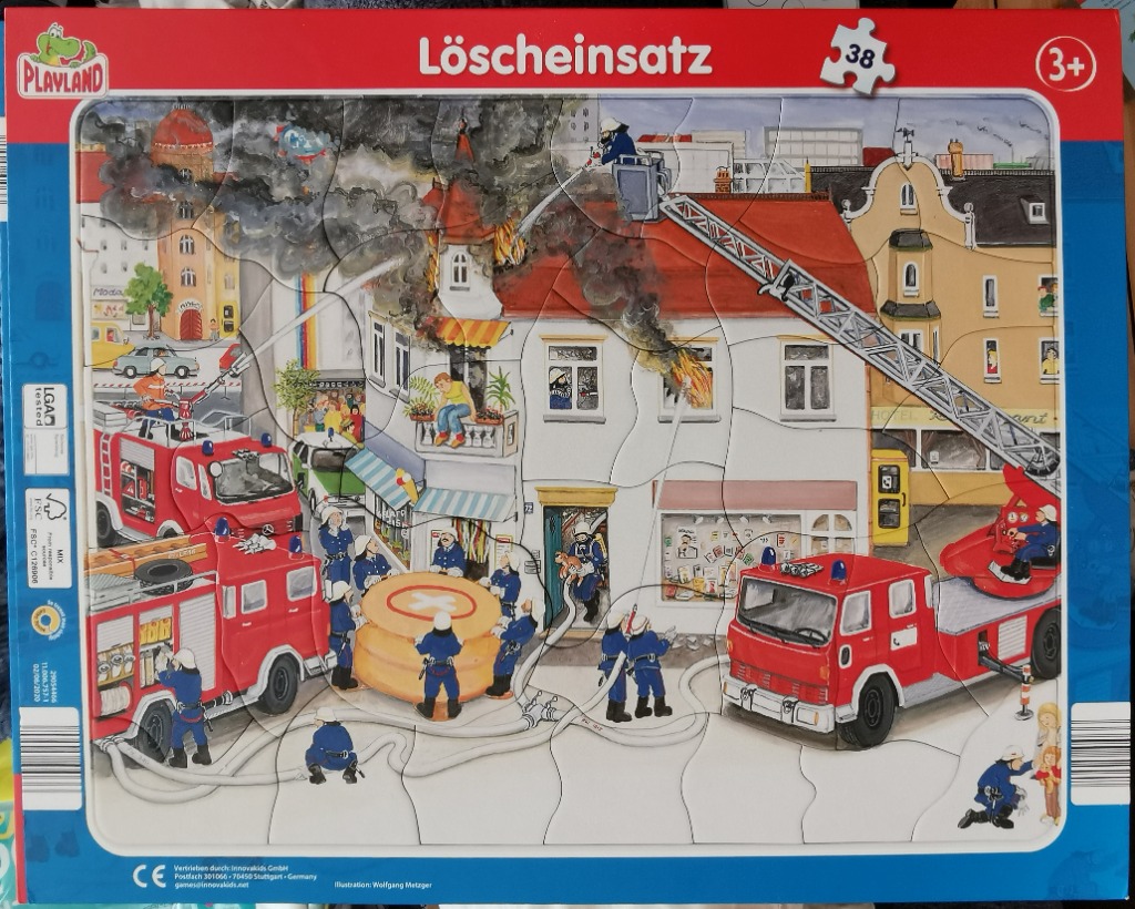 An illustration of firefighters battling a blaze at a city apartment building.