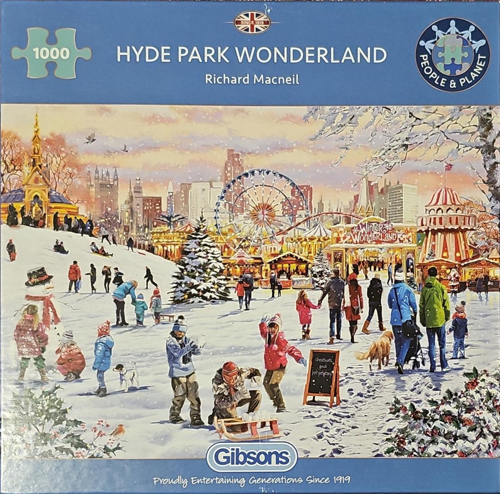A snowy London park scene featuring a Christmas fair, a Ferris wheel, and people playing in the winter weather.