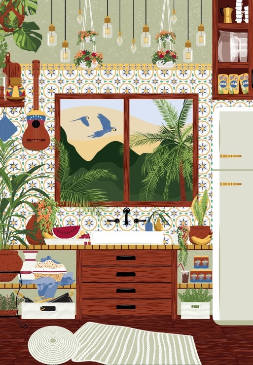 A cozy, illustrated kitchen featuring a central window view of tropical mountains, hanging plants, and a wooden counter.