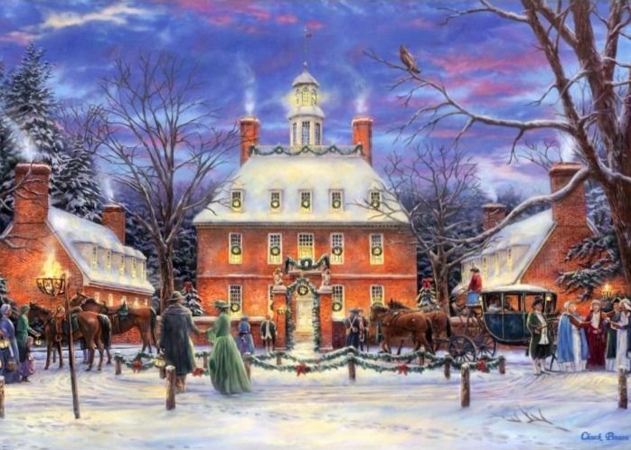 Colonial brick building in a snowy village scene with horse-drawn carriage and carolers at twilight.