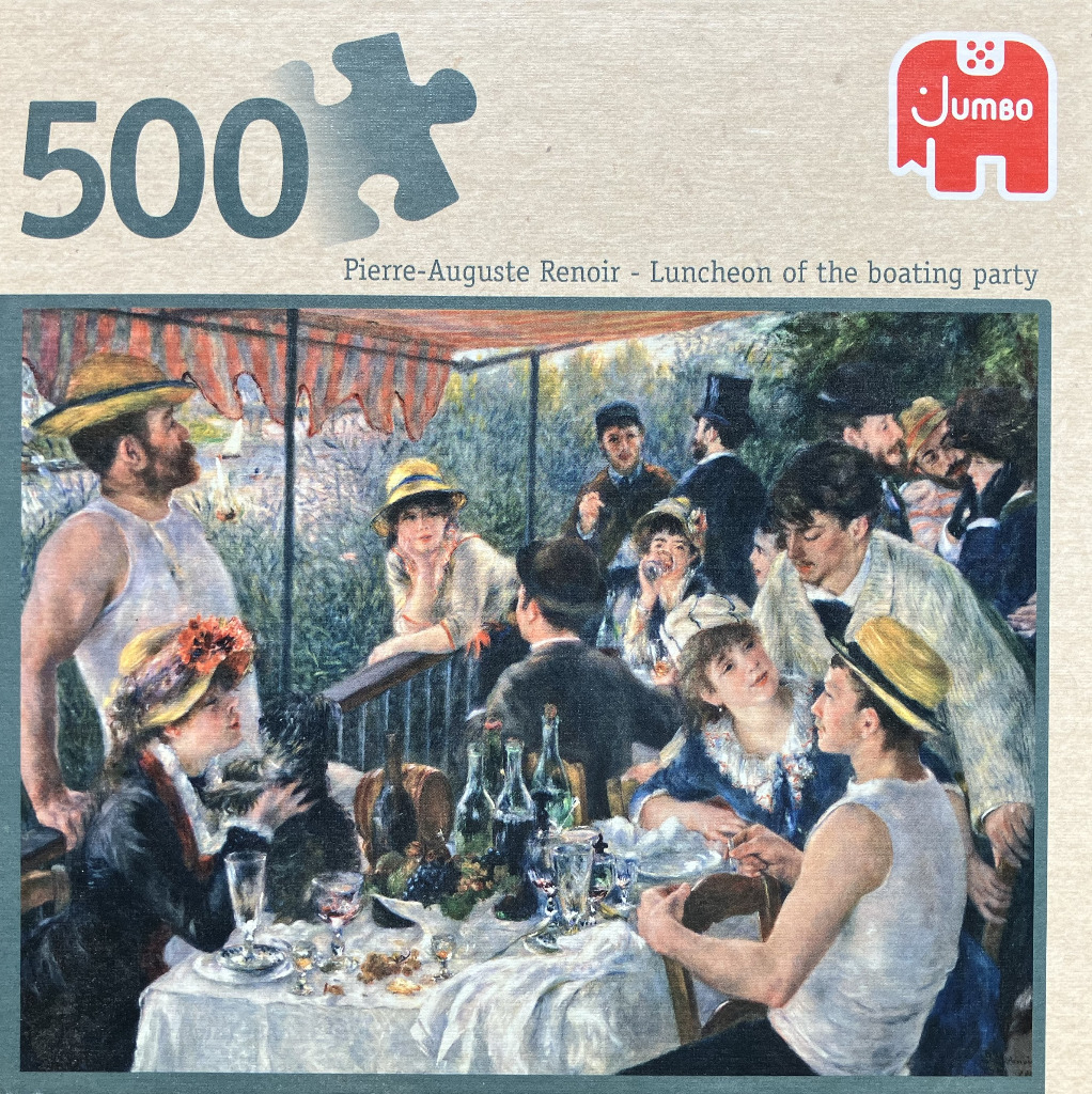 Impressionist painting of a social gathering on a terrace, known as Luncheon of the Boating Party by Renoir.
