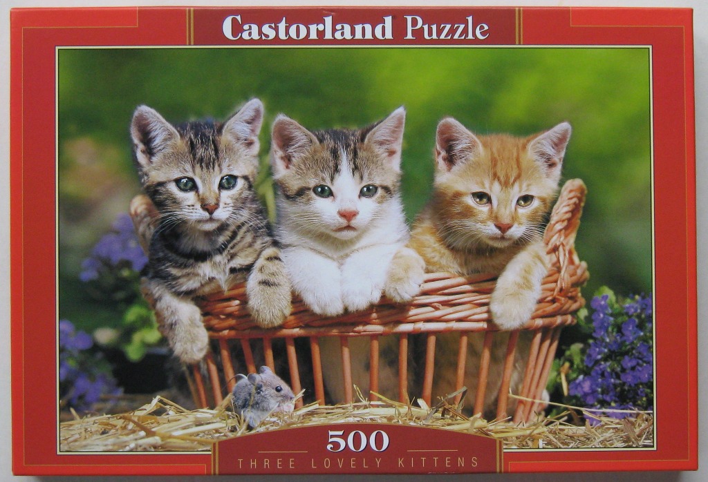 Three kittens sitting in a wicker basket in a garden with a small mouse on the ground.