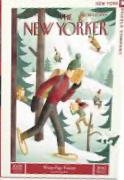 Illustration of people enjoying winter activities like snowshoeing, sledding, and skiing in a snowy forest.
