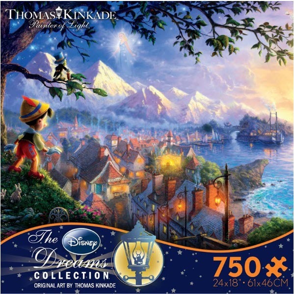 Pinocchio standing on a hill overlooking a coastal village with snowy mountains in the background.
